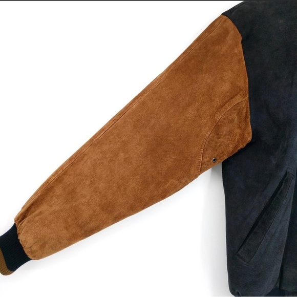 Vintage Stratojac Suede Leather Two-Tone Bomber Jacket Paneled Black Tan Men's M - Picture 4 of 8